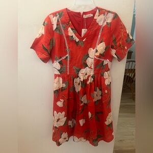 Roolee Red Linen Dress with Floral Design